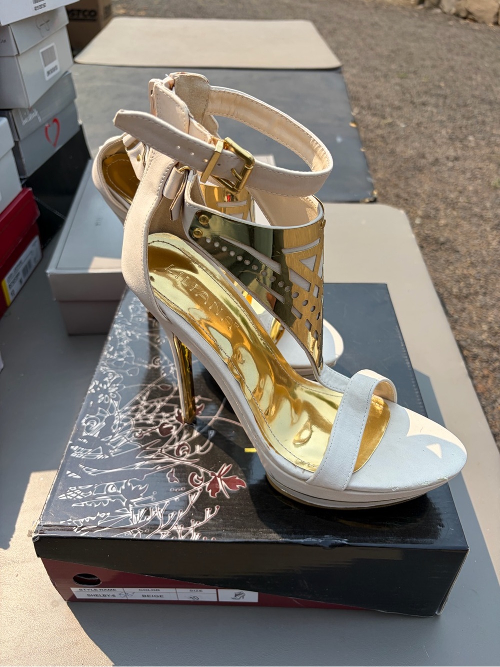 Liliana White and Gold Strappy Stiletto Sandals